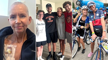 Claire undergoing treatment, Claire with family, Claire at VeloSano