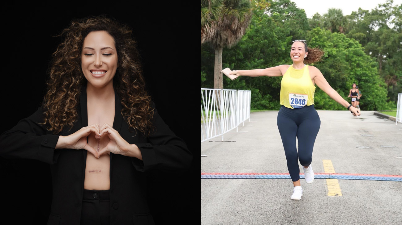 Migdalia Rodriguez (left) Migdalia Rodriguez finishing a running race (right)